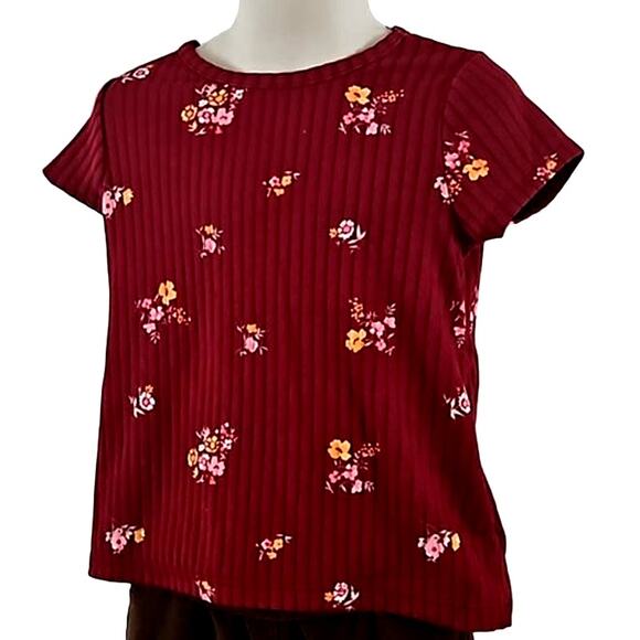 Excellent Btween Girls Burgundy Floral Ribbed Short Sleeve Knit Top Size 4 - Picture 2 of 5